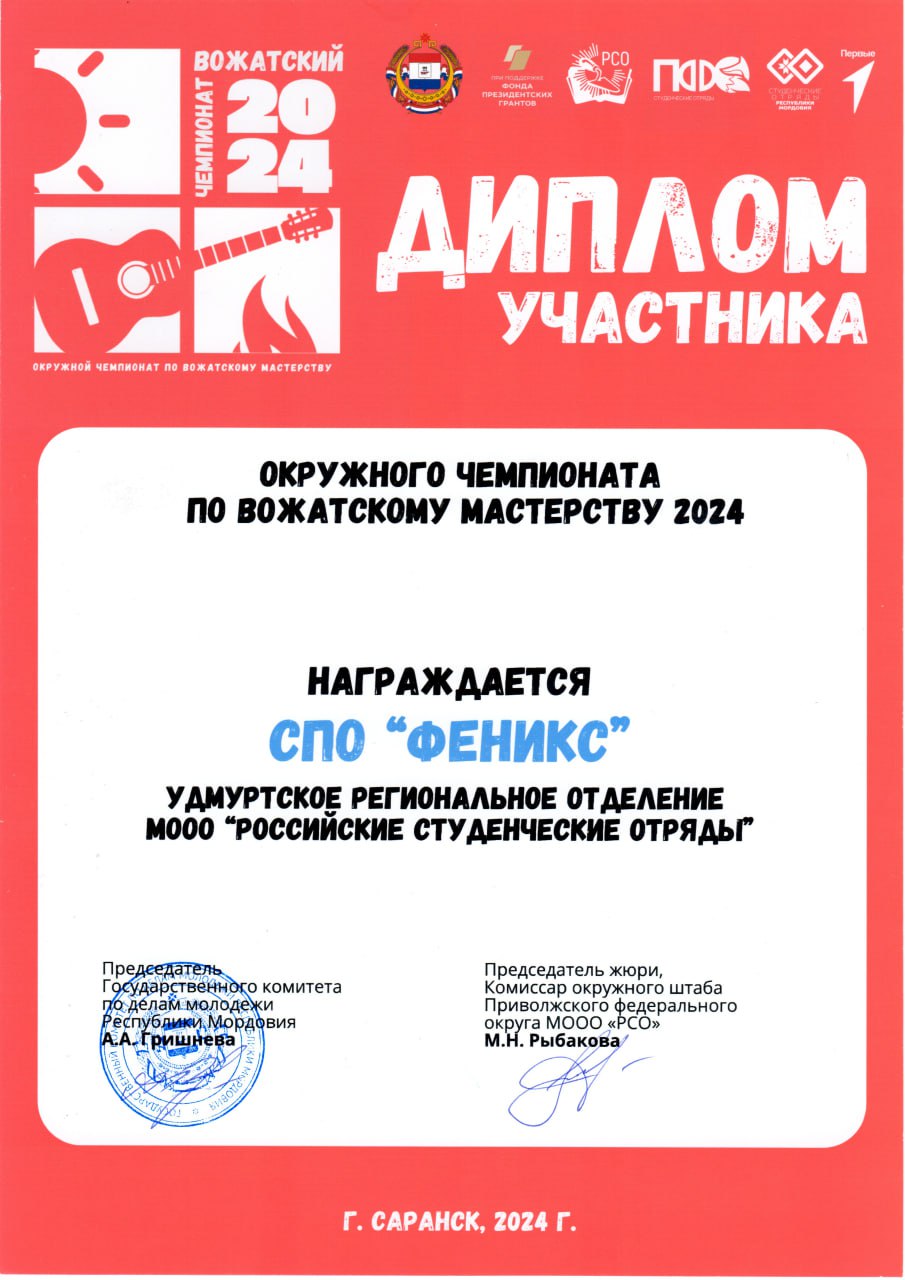 Диплом участника окружного чемпионата по вожатскому мастерству 2024