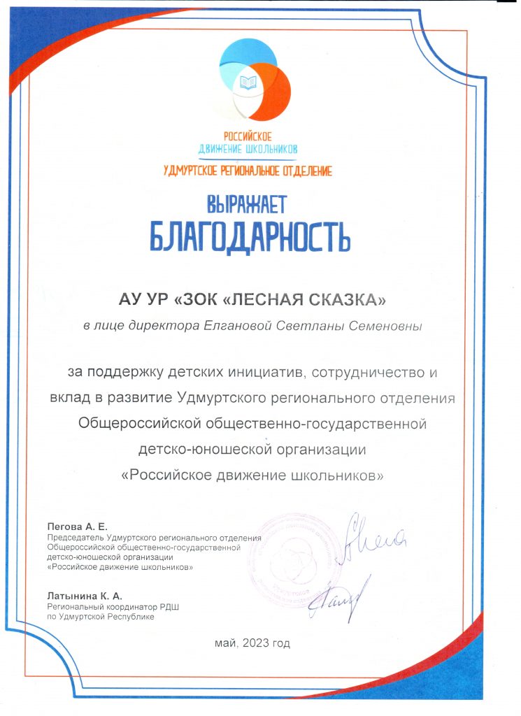 Благодарность Российского движения школьников
